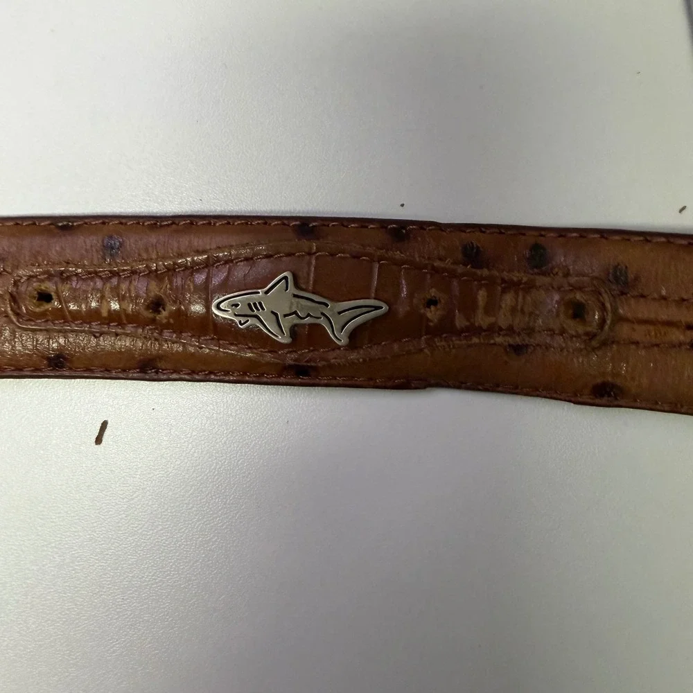 VTG Greg Norman Yachting Brown Ostrich Leather‎ Belt Silver Shark Logo GNL010